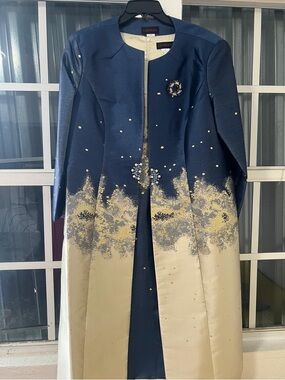 Ceremony Embellished Navy and Cream Long Coat